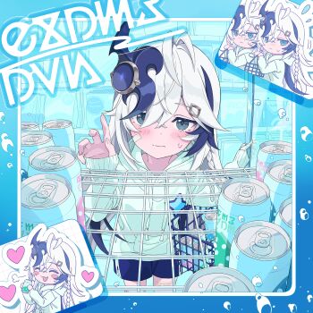 1girl album_cover antenna_hair aqua_hoodie black_hair blush braid can cosette_(stella_sora) cover cowboy_shot diamond_hair_ornament drink_can from_inside frown game_cg grey_eyes heart highres holding holding_can hood hood_down hoodie long_sleeves looking_around multicolored_hair non-web_source official_alternate_costume official_art puff_of_air refrigerator side_braid single_braid sleeves_past_wrists soda_can stella_sora streaked_hair sweatdrop wavy_mouth white_hair