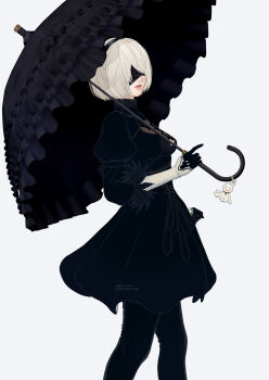 1girl 2b_(nier:automata) black_dress black_pants blindfold breasts commentary dress english_commentary frilled_umbrella frills highres holding holding_umbrella medium_breasts mitsuki_nite nier:automata nier_(series) pants pink_lips short_hair solo umbrella white_background white_hair
