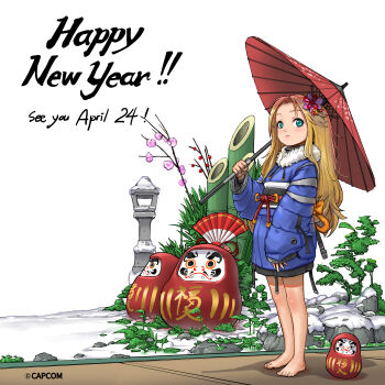 1girl absurdres artist_logo barefoot blonde_hair commentary daruma_doll diana_(pragmata) english_commentary english_text flower hair_flower hair_ornament happy_new_year highres holding japanese_clothes kadomatsu logo long_hair looking_at_viewer new_year official_art oil-paper_umbrella pragmata second-party_source solo standing toes umbrella