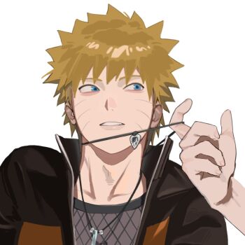 Rule 34 | 1boy, 1other, black jacket, blonde hair, blue eyes, facial mark, fishnet top, fishnets, highres, jacket, jewelry, looking at another, male focus, multicolored jacket, naruto (series), naruto shippuuden, necklace, orange jacket, parted lips, short hair, spiked hair, two-tone jacket, uchiha sasuke, upper body, uzumaki naruto, whisker markings, white background, ysn 3515