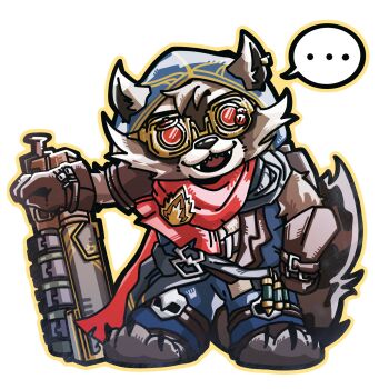 ... 1boy animal_ears blue_pants blue_shirt brown_gloves chibi claws fangs furry furry_male gloves goggles guardians_of_the_galaxy gun hashtag-only_commentary highres holding holding_gun holding_weapon hood hood_up male_focus marvel marvel_rivals official_alternate_costume open_mouth pants raccoon_boy raccoon_ears raccoon_tail red-tinted_eyewear red_scarf rocket_raccoon rocket_raccoon_(rocket_of_the_rafters)_(marvel_rivals) scarf shirt smile speech_bubble spoken_ellipsis tail tinted_eyewear weapon white_background wuya12373004