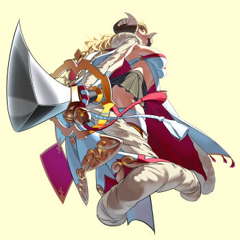 1girl absurdres ahoge anila_(granblue_fantasy) blonde_hair breasts cape curled_horns draph from_below granblue_fantasy highres horns large_breasts long_hair navel pleated_skirt polearm ryoyu_(ryoyustarlight) sheep_horns skirt solo spear thighhighs weapon