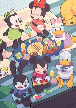 4girls 6+boys animal_ears chip_(disney) clarice_(disney) daisy_duck dale_(disney) disney donald_duck duck_boy duck_girl goofy highres holding mickey_mouse mickey_mouse_&amp;_friends minnie_mouse mouse_boy mouse_ears multiple_boys multiple_girls nintendo_switch ortensia_the_cat oswald_the_lucky_rabbit pluto_(disney) rabbit_boy shirt takatmaorange