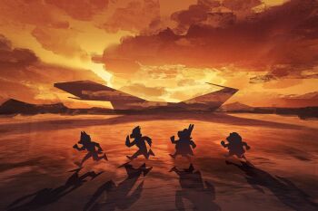 4boys absurdres cloud cloudy_sky ending falco_lombardi fox_mccloud great_fox highres leoquezadilla mountain multiple_boys nintendo no_humans orange_sky orange_theme outdoors peppy_hare reflection running scenery silhouette sky slippy_toad star_fox star_fox_64 sunset water watercraft