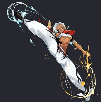 1girl blue_eyes bracelet capoeira dark-skinned_female dark_skin elena_(street_fighter) highres jewelry kicking light-skinned_soles navel pendingshift smile street_fighter street_fighter_6 very_dark_skin white_hair