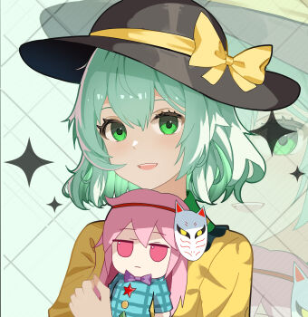 Rule 34 | 1girl, :d, :|, absurdres, aqua shirt, backlighting, black hat, bow, character doll, chinese commentary, closed mouth, commentary request, doll, double-parted bangs, expressionless, eyebrows hidden by hair, eyelashes, frilled shirt collar, frills, fumo (doll), green background, green eyes, green hair, hair between eyes, happy, hat, hat bow, hata no kokoro, highres, holding, holding doll, jitome, komeiji koishi, long hair, looking at viewer, mask, mask on head, medium hair, open mouth, parted lips, pink hair, plaid clothes, plaid shirt, red eyes, resoap, shirt, sidelocks, simple background, smile, solo, sparkle, sun hat, teeth, touhou, upper body, upper teeth only, very long hair, white background, yellow bow, yellow shirt, zoom layer