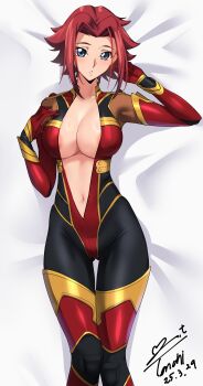 1girl absurdres artist_name blue_eyes bodysuit breasts code_geass collarbone dakimakura_(medium) dated female_focus highres kouzuki_kallen large_breasts looking_at_viewer lying medium_hair on_back parted_bangs red_hair unzipped variant_set yoo_tenchi