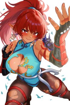 1girl absurdres arm_armor arm_tattoo armor bamboo_tac bare_shoulders black_gloves black_pantyhose blue_leotard blush breasts cleavage commentary_request dark-skinned_female dark_skin elbow_gloves facial_mark fingerless_gloves gloves hand_up highleg highleg_leotard highres large_breasts leotard long_hair mask mask_on_shoulder multiple_thigh_straps oni_mask original pantyhose pointy_ears ponytail red_eyes red_hair sash shoulder_armor smile solo sweat tan tattoo thigh_strap thighs torn_clothes torn_leotard torn_pantyhose white_background white_sash