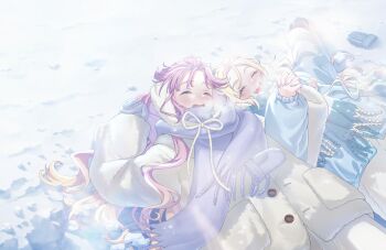 2girls :d ^_^ anyoji_hime blonde_hair blue_jacket blue_mittens blue_scarf blush breath closed_eyes game_cg gradient_hair highres holding_hands interlocked_fingers jacket link!_like!_love_live! long_hair love_live! lying mira-cra_park! mittens multicolored_hair multiple_girls non-web_source official_art on_back open_mouth osawa_rurino outdoors pink_hair purple_scarf scarf side-by-side sidelocks smile snow unworn_clothes unworn_mittens virtual_youtuber white_jacket