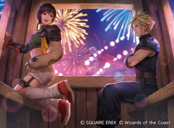 1boy 1girl aerial_fireworks armor belt black_hair blonde_hair blue_eyes blue_pants breasts brown_belt chest_strap cloud_strife commentary copyright_notice crop_top crossed_arms ferris_wheel_interior final_fantasy final_fantasy_vii final_fantasy_vii_rebirth final_fantasy_vii_remake fingerless_gloves fireworks forehead_protector fuji_q gloves gold_saucer gondola green_shirt grey_shorts headband kneeling looking_at_another loose_socks magic:_the_gathering medium_breasts midriff multiple_belts official_art open_mouth orange_gloves orange_shoes pants pauldrons ribbon shirt shoes short_shorts shorts shoulder_armor single_pauldron sitting sleeveless sleeveless_turtleneck smile sneakers socks spiked_hair square_enix suspenders turtleneck variant_set yellow_ribbon yuffie_kisaragi
