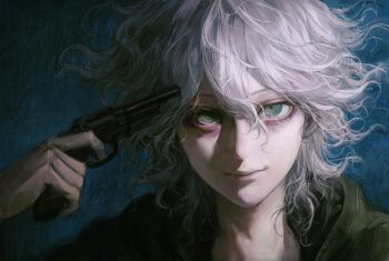 Rule 34 | 1boy, absurdres, blue background, close-up, closed mouth, commentary request, danganronpa (series), danganronpa 2: goodbye despair, green eyes, green jacket, grey hair, gun, gun to head, hair between eyes, handgun, highres, holding, holding gun, holding weapon, jacket, komaeda nagito, looking at viewer, male focus, messy hair, revolver, seapall, smile, solo, suicide, upper body, weapon