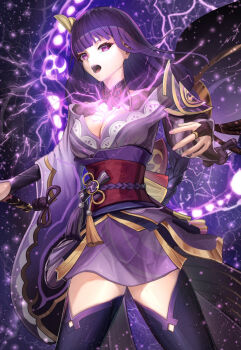 1girl back_bow blunt_bangs bow braid breasts bridal_gauntlets cleavage clothing_cutout commentary_request electricity electro_symbol_(genshin_impact) genshin_impact glowing hair_ornament highres japanese_clothes kimono large_breasts lodori_lo long_braid long_hair mitsudomoe_(shape) mole mole_under_eye neck_ribbon off_shoulder open_mouth powering_up purple_background purple_eyes purple_kimono purple_thighhighs raiden_shogun red_ribbon red_sash ribbon sash shade shoulder_cutout solo thighhighs thighs tomoe_(symbol) upper_body wide_sleeves