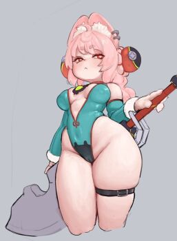 animal_ear_fluff animal_ear_piercing animal_ears braid braided_twintails bright_pupils commentary english_commentary furry furry_female green_leotard hair_ornament highleg highleg_leotard leotard medallion okdudelisten pink_fur rabbit_ears rabbit_girl red_eyes screw short_eyebrows sphere_hair_ornament thick_eyebrows thigh_strap twin_braids white_pupils zenless_zone_zero zhao_(zenless_zone_zero)