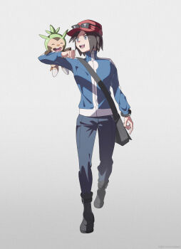 Rule 34 | 1boy, bag, black boots, black hair, blue eyes, blue jacket, blue pants, boots, calem (pokemon), chespin, closed eyes, eyewear on headwear, gen 6 pokemon, hat, highres, jacket, long sleeves, nintendo, open mouth, pants, pokemon, pokemon (creature), pokemon xy, red hat, short hair, shoulder bag, simple background, smile, sunglasses, teeth, thorn (kmconceptart), upper teeth only
