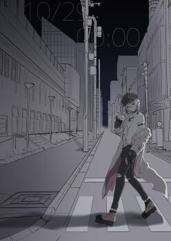 1boy absurdres black_gloves black_hat black_pantyhose city closed_mouth coat cup disposable_coffee_cup disposable_cup full_body gloves grey_coat grey_hair grey_theme hand_in_pocket hat highres holding holding_cup kiku_(sashiki11) kutsuji looking_at_viewer mahjong_soul male_focus newsboy_cap open_clothes open_coat outdoors pantyhose red_eyes road shirt short_hair smile solo timestamp utility_pole walking white_shirt