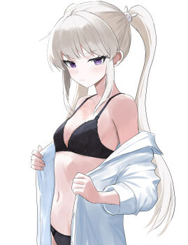 Rule 34 | 1girl, absurdres, black bra, black panties, blonde hair, bow, bow bra, bow panties, bra, breasts, choppy bangs, closed mouth, commentary request, cowboy shot, drill3679, from side, highres, light blush, lingerie, long hair, looking at viewer, looking to the side, medium breasts, mole, mole under eye, navel, original, panties, purple eyes, shirt, shirt partially removed, simple background, solo, standing, stomach, twintails, underwear, undressing, white background, white shirt