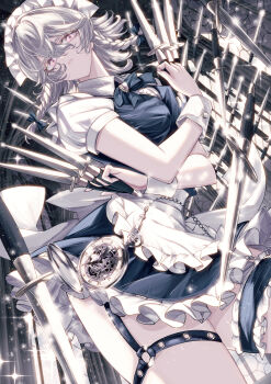 1girl absurdres apron blue_dress blush bow braid breasts dress frills grey_hair hair_bow highres izayoi_sakuya jan_(lightdragoon) knife long_hair maid maid_headdress multiple_girls pink_eyes pocket_watch ribbon short_hair smile solo throwing_knife time_stop touhou twin_braids watch weapon
