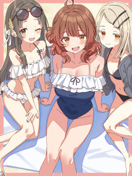 3girls absurdres ahoge arm_support bikini black_bikini blonde_hair blue_one-piece_swimsuit blunt_ends blush border breasts brown_eyes brown_hair closed_mouth collarbone colored_eyelashes commentary_request double-parted_bangs eyewear_on_head frilled_bikini frilled_one-piece_swimsuit frills gakuen_idolmaster grey_jacket hair_ornament hair_ribbon hair_rings hairclip halterneck hanami_ume hand_on_own_thigh highleg highleg_one-piece_swimsuit highres hiyoko_neneko idolmaster jacket kuramoto_china large_breasts laurels leaf_hair_ornament long_hair long_sleeves looking_at_viewer medium_hair multiple_girls one-piece_swimsuit one_eye_closed open_clothes open_jacket open_mouth orange_eyes outside_border parallel_hairclips parted_bangs pink_border ribbon shinosawa_hiro side-tie_bikini_bottom single_hair_ring sitting small_breasts small_sweatdrop smile sunglasses swimsuit white_ribbon