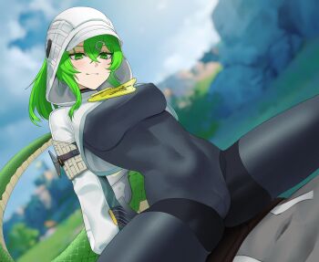 Rule 34 | 1boy, 1girl, absurdres, arknights, arknights: endfield, blurry, blurry background, blush, breasts, cameltoe, closed mouth, cloud, cloudy sky, commentary, english commentary, fluorite (arknights), green eyes, green hair, highres, hood, hood up, large breasts, light smile, long hair, looking at another, sedai, sitting, sitting on person, sky, spread legs, tail