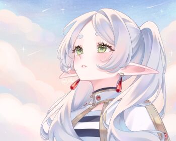 Rule 34 | 1girl, blush, capelet, commentary, earrings, elf, estelleartss, frieren, green eyes, grey hair, highres, jewelry, long hair, long pointy ears, looking up, meme, parted bangs, parted lips, pointy ears, shirt, shooting star, sky, solo, sousou no frieren, striped clothes, striped shirt, teardrop earrings, twintails, upper body, upward angle frieren drawing (meme), white capelet, white hair