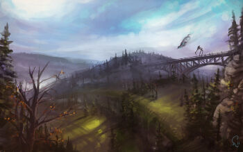 bare_tree blue_sky chemicalalia cloud cloudy_sky combine_gunship forest half-life half-life_(series) half-life_2 hill landscape mountain nature people pine_tree scenery sky strider_(half-life) tree truss