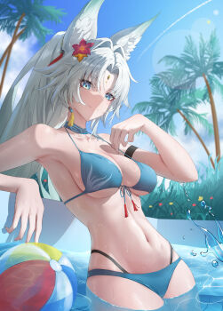 1girl absurdres alternate_costume animal_ear_fluff animal_ears arm_strap ball beachball bikini blue_bikini blue_collar blue_eyes breasts collar commentary_request eyeliner feixiao_(honkai:_star_rail) flower fox_ears fox_girl front-tie_bikini_top front-tie_top hair_flower hair_intakes hair_ornament highres honkai:_star_rail honkai_(series) large_breasts light_blush long_hair looking_at_viewer makeup multi-strapped_bikini_bottom navel outdoors palm_tree ponytail pool red_eyeliner smile solo solomon_0616 stomach swimsuit tree wading water wet white_hair