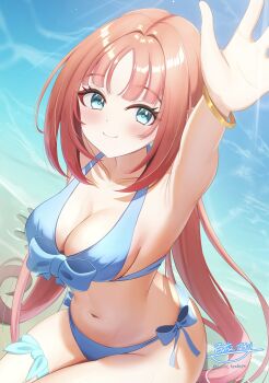 1girl absurdres aqua_eyes arm_up beach bikini blush bracelet breasts cleavage collarbone commentary_request from_above front-tie_bikini_top front-tie_top genshin_impact highres hyakuya_iori jewelry light_rays long_hair looking_at_viewer medium_breasts navel nilou_(genshin_impact) outstretched_arm parted_bangs red_hair side-tie_bikini_bottom smile solo stomach sunbeam sunlight swimsuit water