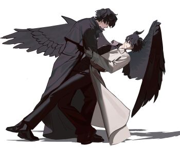 2boys absurdres black_coat black_eyes black_hair black_shirt black_wings coat collared_shirt dancing demon_horns dip_(dance_move) feathered_wings full_body grin hand_on_another&#039;s_arm hand_on_another&#039;s_back head_tilt highres horns kim_dokja leaning_back looking_at_another ma_someru male_focus multiple_boys official_alternate_costume omniscient_reader&#039;s_viewpoint open_clothes open_coat popped_collar shirt short_hair smile white_coat wings yoo_joonghyuk