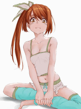 1girl breasts brown_eyes brown_hair camisole feet frilled_shorts frills hair_ornament hands_on_own_legs highres looking_at_viewer magia_record:_mahou_shoujo_madoka_magica_gaiden mahou_shoujo_madoka_magica marutaya medium_breasts navel on_floor shorts side_ponytail sitting smile stomach tagme thighs white_background white_camisole white_shorts yui_tsuruno