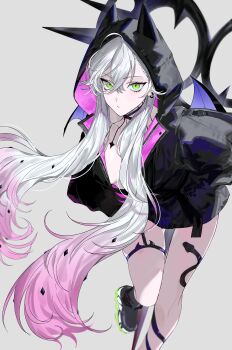 1girl absurdres black_jacket body_markings breasts choker cleavage commentary_request crossed_bangs demon_girl demon_horns demon_wings ear_piercing fate/grand_order fate_(series) green_eyes grey_hair hair_between_eyes highres hood horns jacket lilith_(fate) lilith_(first_ascension)_(fate) long_hair long_sleeves looking_at_viewer low_twintails medium_breasts oversized_object piercing scissors shoes sneakers solo thigh_strap thighs twintails wings yurumawari