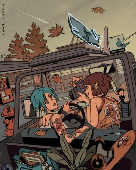 2girls arm_tattoo artist_name backpack bag bare_shoulders blue_bag blue_butterfly blue_eyes blue_hair bobblehead brown_hair bug butterfly camera camisole car_interior chloe_price closed_mouth driving falling_leaves fire_hydrant hashtag-only_commentary holding holding_camera insect leaf life_is_strange_(series) life_is_strange_1 looking_at_another max_caulfield multiple_girls neon_sign open_mouth orange_tank_top outdoors parted_bangs plant rogerwitt short_hair skateboard smile taking_picture tank_top tattoo vending_machine white_camisole