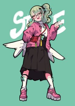 1girl absurdres alternate_costume bandaid bandaid_hair_ornament black_outline black_skirt chinatsu_remiel commentary english_commentary fang full_body glasses green_background green_eyes green_hair hair_ornament hand_in_pocket heart heart_hair_ornament high-waist_skirt highres jacket jewelry long_skirt looking_at_viewer mujib multiple_hair_clips necklace one_eye_closed open_clothes open_mouth outline pink_jacket pink_shoes ponytail red_bag shoes skin_fang skirt socks solo sparkle sweater turtleneck turtleneck_sweater w white_socks white_sweater white_wings wings zenless_zone_zero