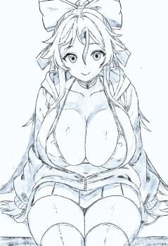 1girl alternate_costume bow bra breasts cleavage closed_mouth commentary flavoredgumball greyscale hair_between_eyes hair_bow huge_breasts long_hair looking_at_viewer miniskirt monochrome navel reiuji_utsuho sidelocks sitting skirt smile solo thighhighs touhou underwear