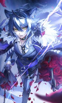 Rule 34 | 1boy, absurdres, animal ear piercing, animal ears, arknights, black necktie, blue coat, blue eyes, blue hair, blue suit, bouquet, coat, coat on shoulders, commentary, english commentary, flower, formal clothes, frown, fur-trimmed coat, fur trim, gun, highres, holding, holding bouquet, holding gun, holding weapon, infection monitor (arknights), leaning forward, lightning, looking at viewer, male focus, myluche, necktie, petals, pinstripe pattern, pinstripe suit, red flower, red rose, rose, shadow, simple background, solo, striped, suit, vigil (arknights), weapon, white background, wolf boy, wolf ears, yellow eyes