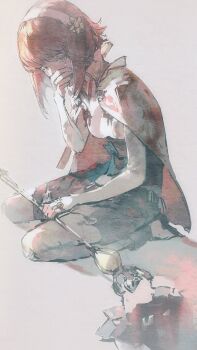 1girl breasts capelet covering_own_mouth crying crying_with_eyes_open fire_emblem fire_emblem_fates hairband highres japanese_clothes lkppp nintendo pink_eyes pink_hair sakura_(fire_emblem) short_hair small_breasts solo staff tears white_hairband