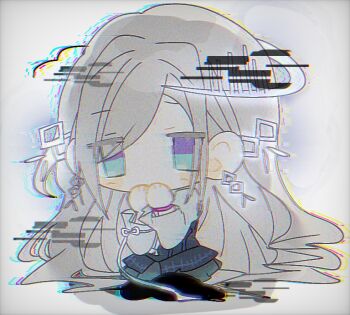 1girl absurdly_long_hair black_pantyhose blue_eyes ceras_yanagida_lilienfeld chibi chibi_only col_person commentary covering_own_mouth dress earrings glitch grey_dress grey_hair hand_over_own_mouth jewelry link!_like!_love_live! long_hair long_sleeves love_live! official_alternate_costume official_alternate_hair_length official_alternate_hairstyle oracle_etude_(love_live!) pantyhose sitting solo static swept_bangs very_long_hair virtual_youtuber