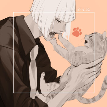 1boy absurdres ajuji_aju animal bleach blunt_bangs blunt_ends cat collared_shirt commentary_request dated highres hirako_shinji holding holding_animal holding_cat male_focus necktie open_mouth shirt short_hair solo square teeth tongue upper_body