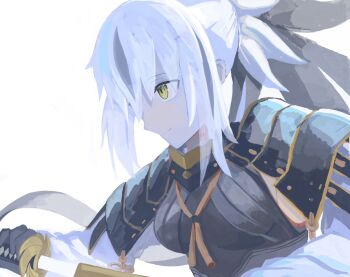 1girl armor atsuki_(atsuki_427) black_armor black_hair commentary_request dou fate/grand_order fate_(series) highres holding holding_sword holding_weapon japanese_armor japanese_clothes katana light_smile multicolored_hair nagao_kagetora_(fate) ponytail sheath shoulder_armor sode solo streaked_hair sword two-tone_hair uesugi_kenshin_(first_ascension)_(fate) weapon white_background white_hair yellow_eyes