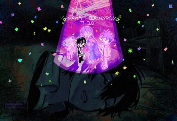 2girls 5boys :d ^_^ antenna_hair aubrey_(headspace)_(omori) aubrey_(omori) barefoot basil_(headspace)_(omori) basil_(omori) black_eyes black_hair black_socks blue_hair brother_and_sister brothers camera chibi clenched_teeth closed_eyes closed_mouth collared_shirt colored_skin commentary confetti crying dated double-parted_bangs dual_persona flower flower_wreath gift hair_between_eyes happy_birthday head_wreath hero_(headspace)_(omori) hero_(omori) holding holding_camera holding_gift honshiya kel_(headspace)_(omori) kel_(omori) long_hair looking_at_another lying mari_(headspace)_(omori) mari_(omori) multiple_boys multiple_girls no_shoes no_toes omori omori_(omori) on_side open_mouth outline purple_hair red_flower shirt siblings smile socks sparkle spotlight star_(symbol) sunny_(omori) teeth under_covers very_long_hair white_outline white_shirt white_skin