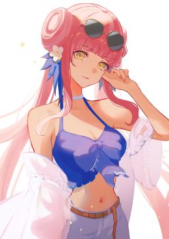 Rule 34 | 1girl, animal ears, aoi tooru, arknights, bare shoulders, bikini, breasts, brown hair, ceylon (arknights), ceylon (holiday) (arknights), cleavage, closed mouth, cowboy shot, dress, glasses, highres, holding, jacket, jewelry, long hair, long sleeves, looking at viewer, medium breasts, midriff, navel, open clothes, red eyes, shirt, smile, solo, swimsuit, very long hair, white background