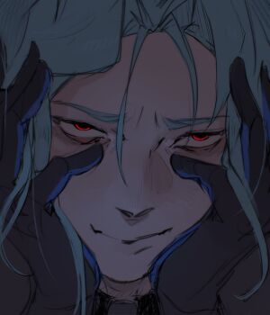 1boy aksakajay bags_under_eyes black_gloves blue_hair close-up closed_mouth crazy_smile dottore_(genshin_impact) genshin_impact gloves hands_on_own_face hashtag-only_commentary highres male_focus red_eyes sanpaku smile solo