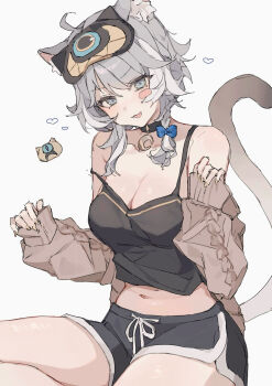 1girl ahoge animal_ears black_camisole black_shorts blue_eyes breasts brown_sweater camisole cat_ears cat_girl cat_tail cipher_(honkai:_star_rail) cipher_(sweet_slumber)_(honkai:_star_rail) cleavage coa_(35_seno) commentary dolphin_shorts grey_hair highres honkai:_star_rail honkai_(series) large_breasts looking_at_viewer midriff_peek navel official_alternate_costume parted_lips short_hair_with_long_locks shorts simple_background solo strap_slip sweater tail white_background