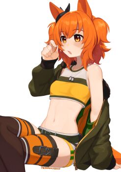 1girl alternate_hair_length alternate_hairstyle animal_ears belt blush bomber_jacket bow breasts brown_ribbon commentary crop_top crossed_legs dog_tags ear_bow ear_ribbon english_commentary green_belt green_jacket hair_between_eyes highres horse_ears horse_girl horse_tail jacket long_hair long_sleeves mayano_top_gun_(scramble_zone)_(umamusume) mayano_top_gun_(umamusume) midriff navel open_clothes open_jacket open_mouth orange_eyes orange_hair orange_tail ribbon shirt shorts simple_background single_bare_shoulder sitting small_breasts solo stomach tail thighhighs two_side_up umamusume white_background white_shorts yellow_shirt yoako