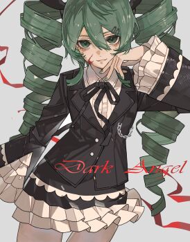 Rule 34 | 1girl, black jacket, black ribbon, black skirt, blood, blood on face, character name, chouti ttt, collared shirt, drill hair, fingernails, frilled sleeves, frills, green eyes, green hair, green nails, hair between eyes, hair ornament, hairclip, hashtag-only commentary, hatsune miku, hatsune miku (dark angel), highres, jacket, long hair, looking at viewer, nail polish, neck ribbon, project diva (series), ribbon, shirt, skirt, twin drills, very long hair, vocaloid, white shirt
