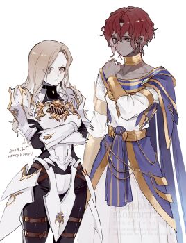 1boy 1girl absurdres armor artist_name black_bodysuit blonde_hair bodysuit bracer brown_eyes commentary_request crossed_arms dark-skinned_male dark_skin dated dohalim_(tales) earrings gold_choker hair_between_eyes hand_on_own_shoulder highres jewelry kisara_(tales) long_hair looking_at_another nancykittyu red_hair robe short_hair simple_background tales_of_(series) tales_of_arise white_armor white_background white_robe