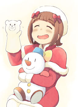 Rule 34 | 1girl, amami haruka, beret, bow, bowtie, brown hair, capelet, christmas, closed eyes, dress, facing viewer, fur-trimmed capelet, fur trim, hair bow, hand puppet, hand up, hat, highres, holding, holding stuffed toy, idolmaster, idolmaster (classic), multiple hair bows, open mouth, puppet, red bow, red capelet, red dress, santa costume, short hair, sitting, smile, snowman, solo, stuffed animal, stuffed polar bear, stuffed toy, tsubobot, white hat, yellow bow, yellow bowtie