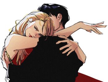 Rule 34 | 1boy, 1girl, arm around back, arms around neck, black hair, black jacket, blonde hair, closed mouth, commentary, couple, derivative work, dress, earrings, fullmetal alchemist, hetero, highres, jacket, jeweldraw, jewelry, long dress, long hair, looking at viewer, red dress, red lips, riza hawkeye, roy mustang, short hair, swept bangs, symbol-only commentary, white background