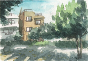 apartment balcony building bush day fumeshi grass highres landscape no_humans original painting_(medium) path road scenery shadow street sunlight traditional_media tree_shade watercolor_(medium) window