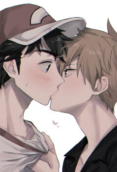 Rule 34 | 2boys, arm up, baseball cap, black hair, black shirt, blue oak, blush, brown eyes, clothes grab, collared shirt, commentary request, from side, grabbing another's shirt, hat, highres, kiss, male focus, medium sideburns, multiple boys, nervous sweating, nintendo, open collar, parted bangs, pk rgr96, pokemon, pokemon sm, profile, red (pokemon), shirt, sideburns, simple background, sweat, t-shirt, white background, white shirt, wide-eyed, yaoi