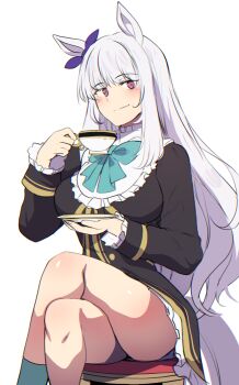 Rule 34 | 1girl, absurdres, animal ears, aqua bow, aqua bowtie, black coat, blunt bangs, blush, bow, bowtie, breasts, closed mouth, coat, commentary, cosplay, crossed arms, crossed legs, cup, ear bow, ear ribbon, frilled coat, frilled jacket, frills, gold ship (umamusume), green socks, grey hair, highres, hinghoi, holding, holding cup, holding saucer, horse ears, horse girl, horse tail, jacket, large breasts, long hair, long sleeves, looking at viewer, mejiro mcqueen (frontline elegance) (umamusume), mejiro mcqueen (umamusume), mejiro mcqueen (umamusume) (cosplay), on stool, purple bow, purple eyes, saucer, shirt, simple background, sitting, socks, solo, stool, tail, teacup, umamusume, white background